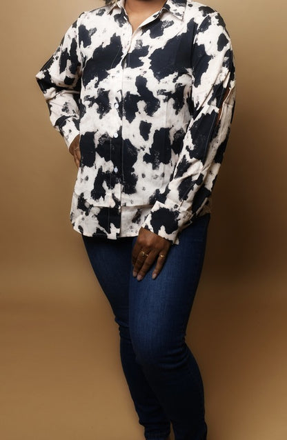 Cow Print Button Down Blouse