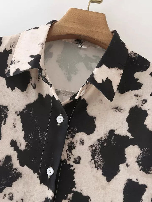 Cow Print Button Down Blouse