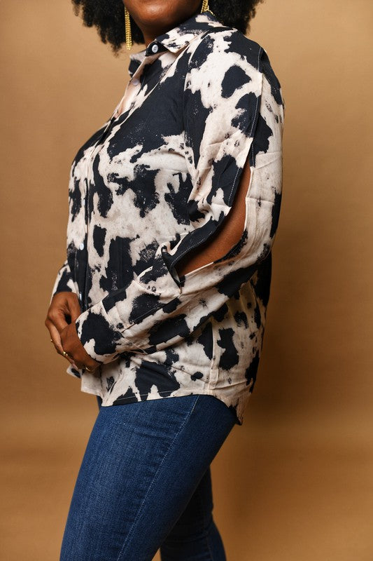Cow Print Button Down Blouse