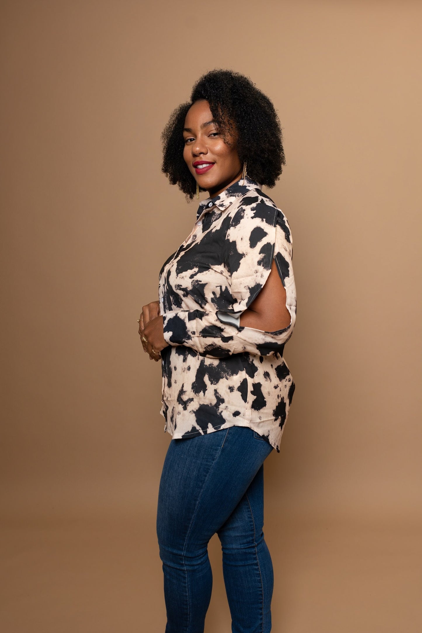 Cow Print Button Down Blouse