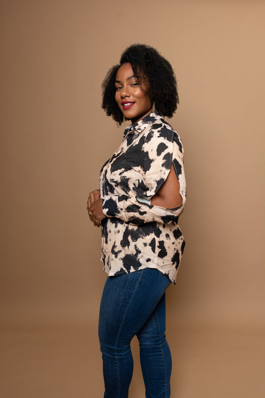 Cow Print Button Down Blouse
