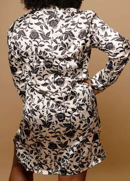 Classic Black and White Floral Shirt Dress