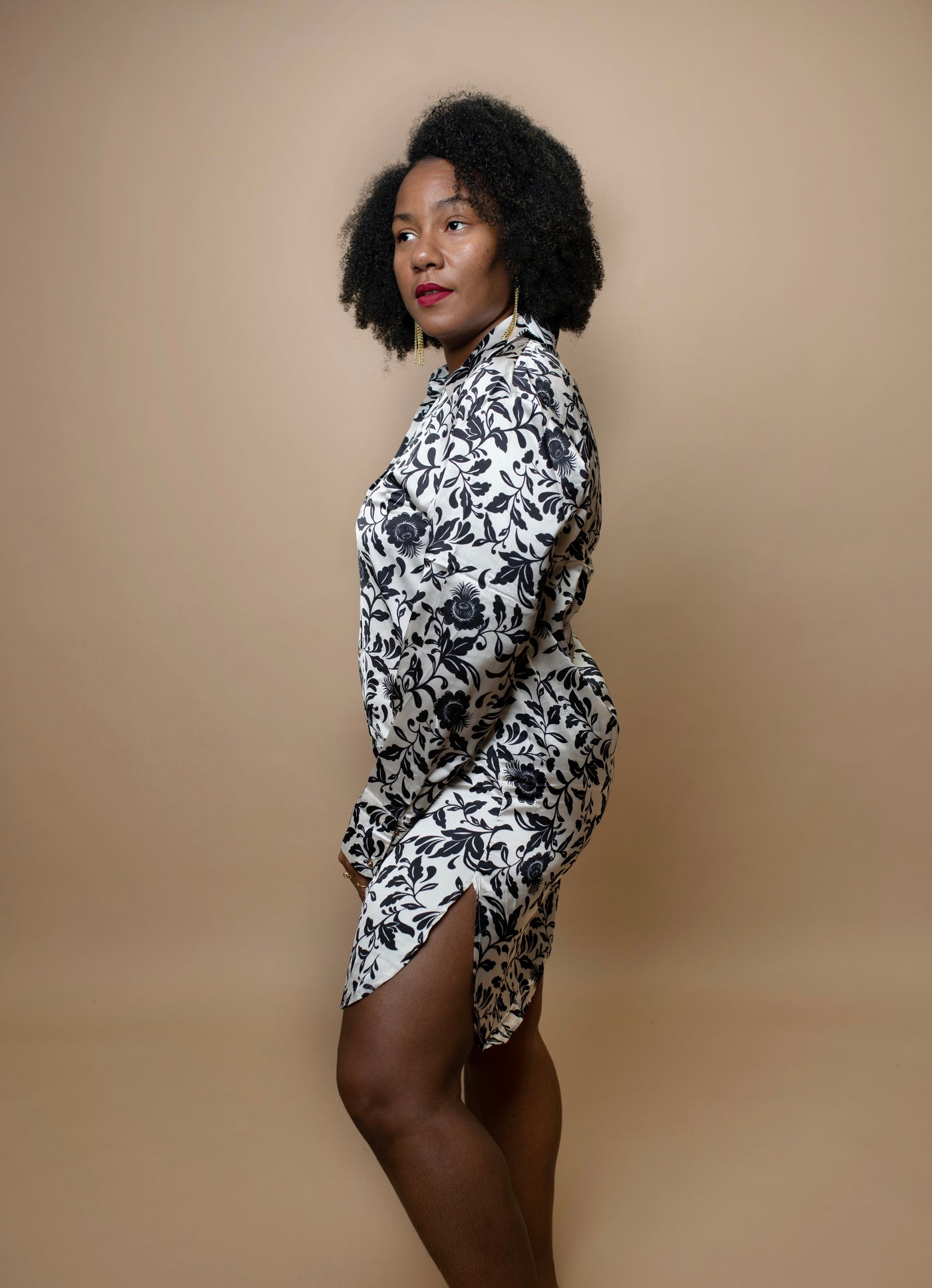 Classic Black and White Floral Shirt Dress