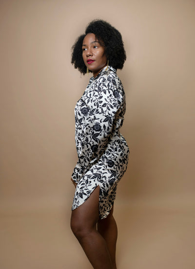Classic Black and White Floral Shirt Dress