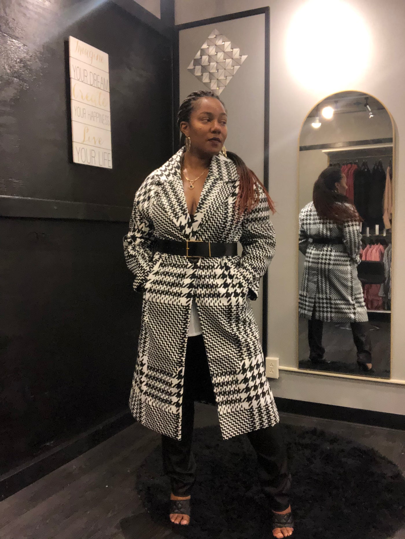 Houndstooth Mix Trench Coat